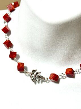 Red Reconstituted Coral w/ Silver Leaf Branch Pendant Necklace